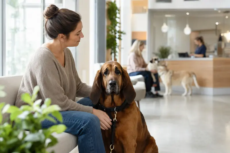 Ein Bluthund sitzt ruhig neben seinem Besitzer im hellen Wartezimmer einer modernen Tierarztpraxis.